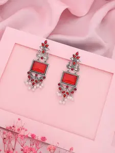 Sangria Silver-Plated Stones Studded & Beaded Oxidized Contemporary Drop Earrings