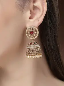 KARATCART Gold Plated Dome Shaped Kundan Antique Jhumkas Earrings