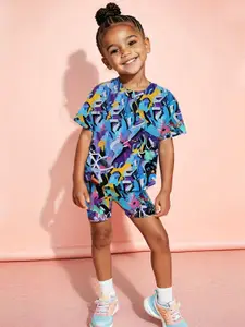 INCLUD
Girls Abstract Printed T-Shirt With Shorts Set