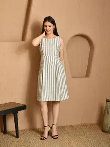 DECKEDUP Striped Round Neck Cotton A-Line Midi Dress