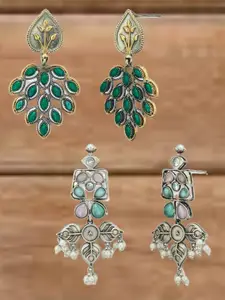 ATIBELLE Set Of 2 German Silver Kundan Studded Contemporary Shaped Drop Earrings
