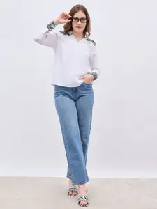 Styli Women V Notch Neck Contrast Animal Print Detail Casual Top