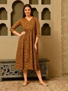 Sangria  Women Printed Cotton V-Neck Fit & Flare Warli Midi Dress