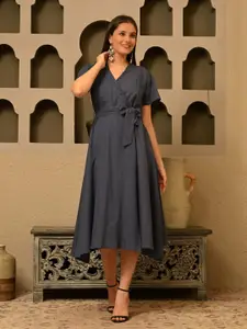 Sangria Women Cotton V-Neck Tie Up-Detail Wrap Midi Dress