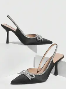 PURPLEHUNT Embellished PU Slim Heeled Pumps With Bows