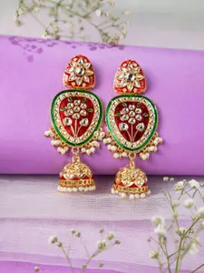 Niscka Gold-Plated Artificial Stones Studded & Beaded Dome Shaped Jhumkas