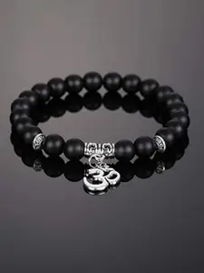 Sukhad Men Black & Silver-Toned Om Elasticated Charm Bracelet
