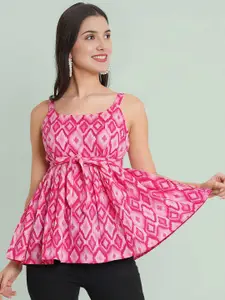 Dream Beauty Fashion Ikat Printed Pleated Shoulder Straps Peplum Top