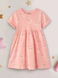 INCLUD Girls Abstract Printed Round Neck Fit & Flare Dress