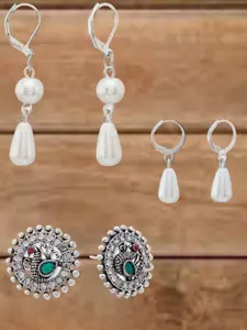 ATIBELLE Set Of 3 Silver-Plated Artificial Stones Studded and Beads Beaded Drop Earrings