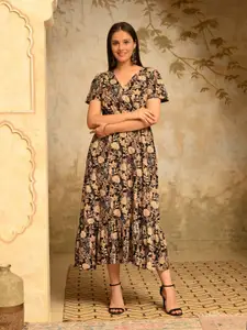 DECKEDUP Floral Printed A-Line Cotton Midi Dress