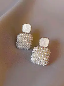 KRENOZ Gold-Plated Pearls Beaded Square Shaped Drop Earrings