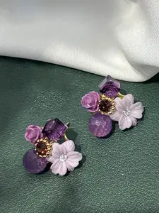 KRENOZ Gold-Plated Artificial Stones Studded And Beaded Floral Shaped Studs