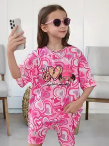 INCLUD Girls Printed Round Neck T-shirt With Shorts