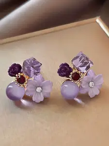 KRENOZ Gold-Plated Artificial Stones Studded And Beaded Floral Shaped Studs