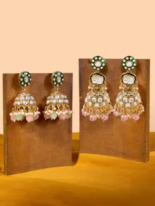 Zaveri Pearls Set Of 2 Gold-Plated Artificial Studded Meenakari Dome Shaped Jhumkas