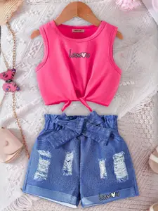 INCLUD Girls Typography Printed Round Neck Top With Shorts