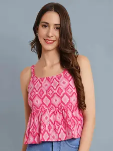 Dream Beauty Fashion Ikat Printed Pleated Shoulder Straps Peplum Top