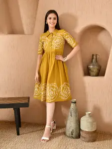 DECKEDUP Floral Printed Shirt Collar Cotton A-Line Midi Dress