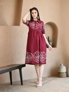 DECKEDUP Women Shirt Collar Embroidered Cotton Fit and Flare Dress