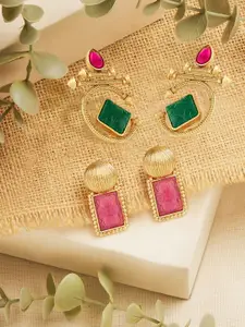 Zaveri Pearls Set Of 2 Gold-Plated Artificial Stones Studded Contemporary Drop Earrings