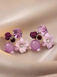 KRENOZ Gold-Plated Artificial Stones Studded And Beaded Floral Shaped Studs