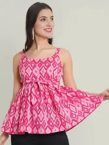 Dream Beauty Fashion Ikat Printed Pleated Shoulder Straps Peplum Top