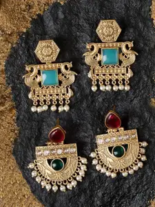 Zaveri Pearls Set Of 2 Gold-Plated Stones Studded & Beaded Contemporary Drop Earrings