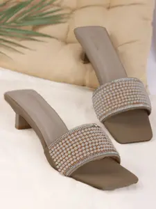 TRYME Women Embellished Square-Toe Kitten Heeled Open Back Heels