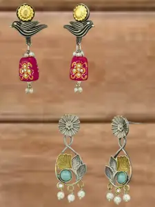 ATIBELLE Set Of 2 German Silver Artificial Stones Studded And Beaded Drop Earrings