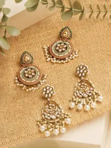 Zaveri Pearls Set Of 2 Gold-Plated Artificial Stones Studded & Beaded  Drop Earrings