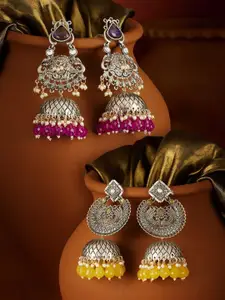 Zaveri Pearls Set Of 2 Silver-Plated Stones Studded & Beaded Dome Shaped Jhumkas