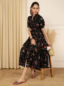 Anouk Floral Printed Shirt Collar Fit And Flare Ethnic Dress