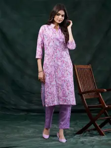 NIZA FASHION Floral Printed Mandarin Collar Straight Kurti
