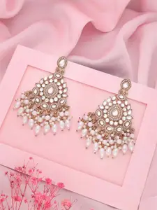 DIVASTRI Gold-Plated Kundan Studded and Pearls Beaded Contemporary Drop Earrings