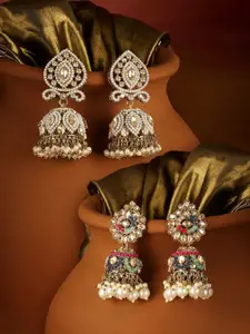 Zaveri Pearls Set Of 2 Gold-Plated Stones Studded & Beaded Dome Shaped Jhumkas