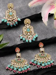 Zaveri Pearls Set Of 2 Gold-Plated Kundan Stones Studded & Beads Beaded  Drop Earrings