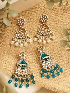 Zaveri Pearls Set Of 2 Gold-Plated Kundan Studded & Beaded Drop Earrings