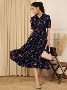 Anouk Floral Printed Shirt Collar Fit And Flare Ethnic Dress