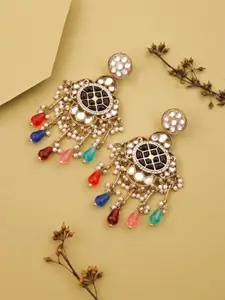 DIVASTRI Gold-Plated Kudan Studded and Artificial Beads Beaded Oval Shaped Drop Earrings