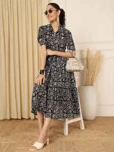 Anouk Women Floral Printed Shirt Collar Fit and Flare Midi Dresses