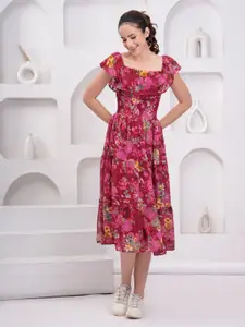 BAESD Women Floral Printed Off-Shoulder Georgette Fit & Flare Midi Dress