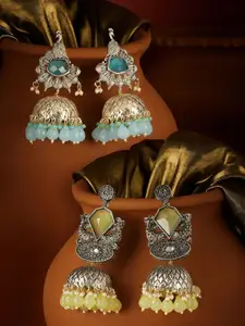 Zaveri Pearls Set Of 2 Silver-Plated Stones Studded & Beaded Antique Dome Shaped Jhumkas