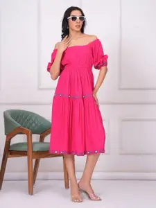 BAESD Women Embroidered Square Neck Fit & Flare Knee Length Dress