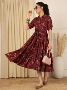 Anouk Floral Printed Tie-Ups Detail Fit & Flare Midi Dress