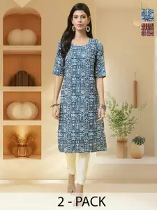 Anouk Rustic Selection Of 2 Geometric Printed Round Neck Straight Kurtas