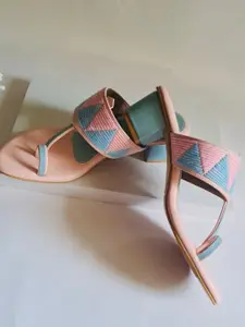 Dhaga Women Blue and Pink Woven Design Block Heel Open Toe Kolhapuri Sandals