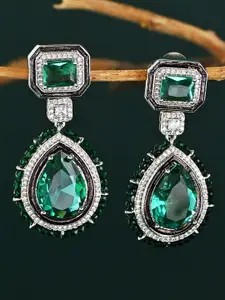 Fida Silver-Plated American Diamond Studded Teardrop Shaped Drop Earrings