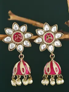 Fida Gold-Plated Kundan Studded & Pearls Beaded Dome Shaped Jhumkas