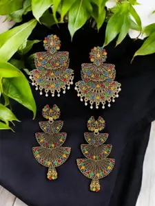 ANIKAS CREATION Set Of 2 Gold-Plated Artificial Beaded Floral Shaped Drop Earrings